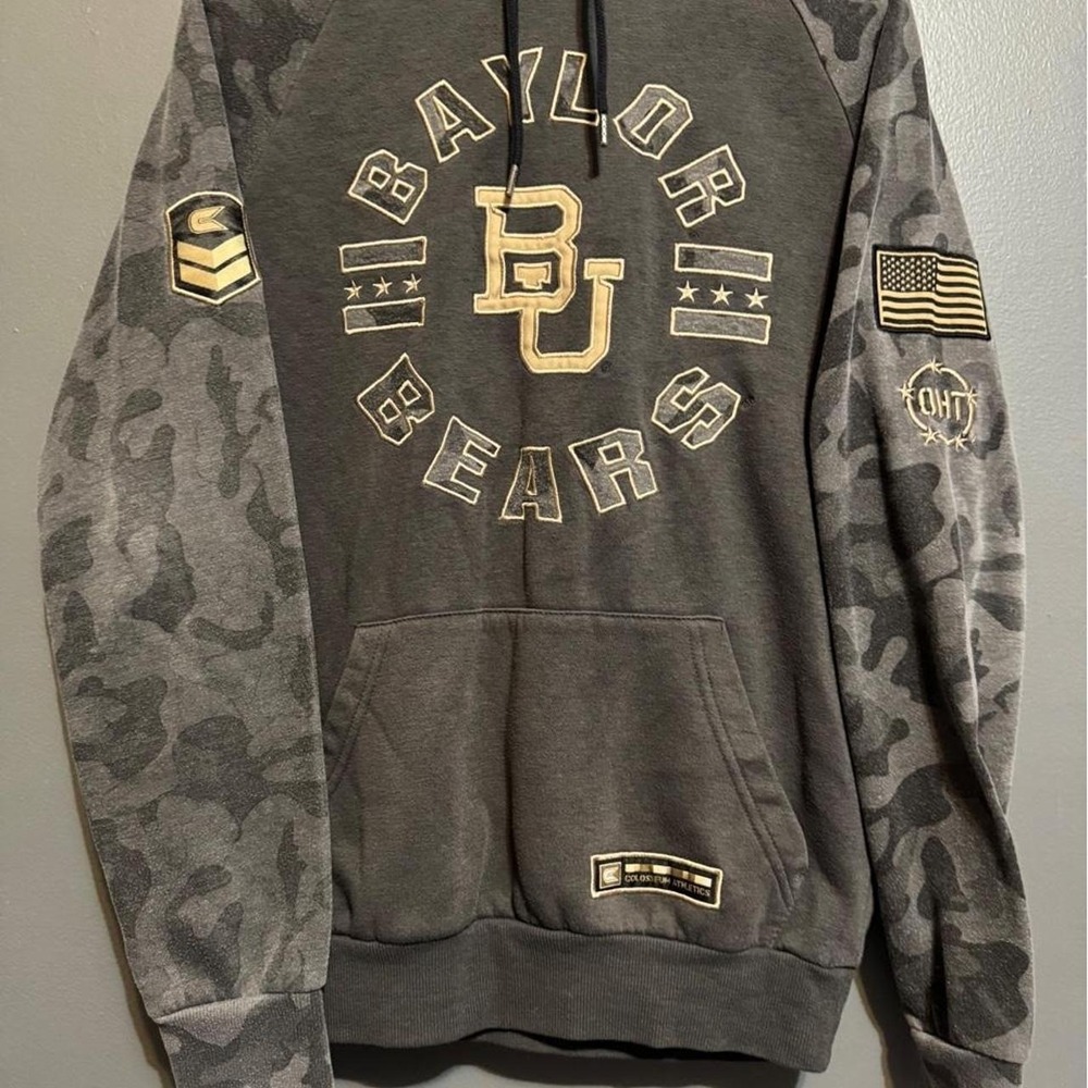 Baylor Bears gray camo hoodie with gold 'BAYLOR BEARS' text and 'BU' logo